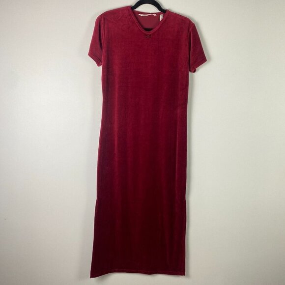 Victoria Secret Red Velour Maxi Dress Womens Medium Red Short Sleeve Side Slits - Picture 1 of 10